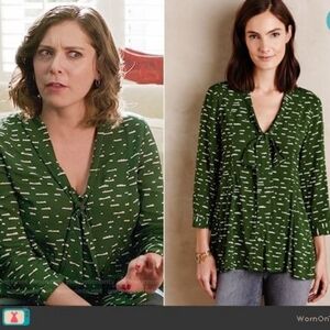Anthropologie Maeve Green Cloud Print Tie Neck Blouse